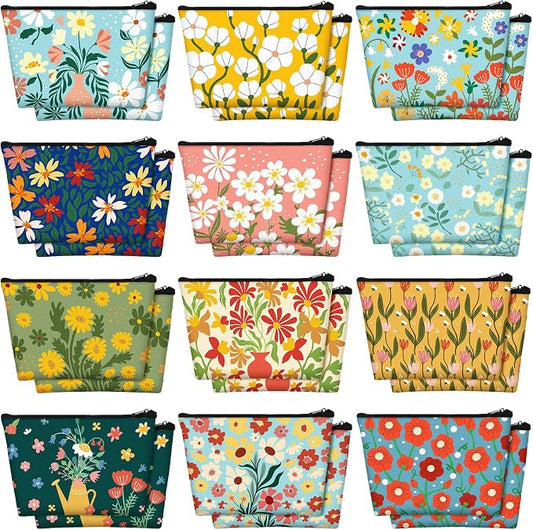 Sweetude 24 Pcs Colorful Floral Makeup Bag Bulk Portable Travel Cosmetic Bags with Zipper Simple Flower Waterproof Roomy Travel Toiletry Organizer Storage Beauty Pouch for Women Gifts by Sweetude