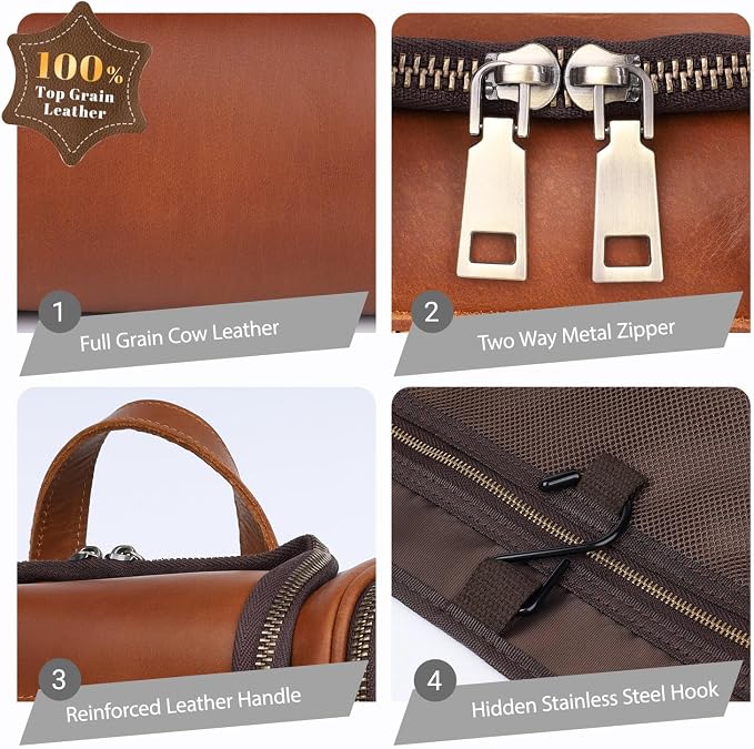 EURYNOME Leather Toiletry Bag For Men Women,Full Grain Leather Toiletries Organizer,Travel Hanging Toiletry Bag Large Water-resistant Bathroom Shaving Kit for Cosmetics, Makeup Case Travel Dopp Kit - Image 3