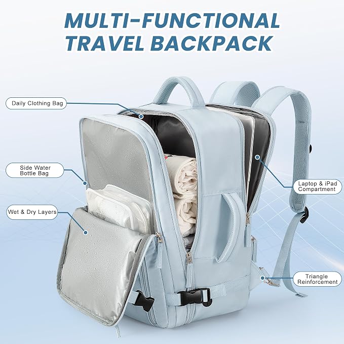 Beraliy Travel Backpack for Women Men, Carry On Backpack, 16 inch Laptop Backpack, Waterproof Casual College Daypack for Weekender Overnight Hiking, Light Blue - Image 3