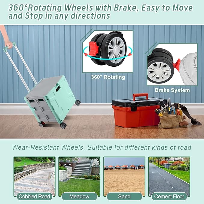 FELICON Folding Utility Cart Rolling Crate Handcart Basket Tote-Green+Gray | Collapsible Hidden Lid,Plastic Box,Telescoping Handle,4 Rotate Wheels for Travel Shop Move Grocery Laundry Office Teacher Use - Image 5