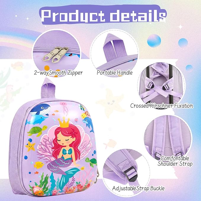 Sanwuta 4 Pcs Kids Luggage Set Back to School Gifts for Girls Boys Carry On Rolling Suitcase Backpack Neck Pillow Travel Set(18 Inch,Mermaid Style,Purple) - Image 3