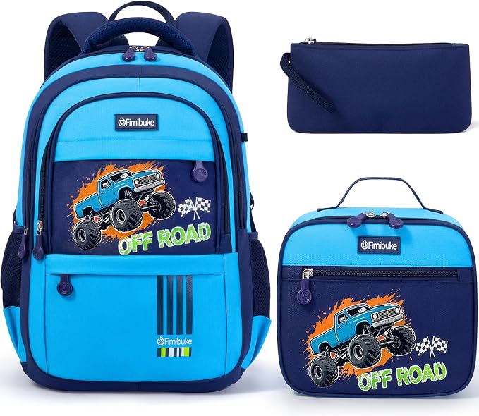 Fimibuke Kids Backpack for School Boys - 3 PCS Waterproof Teen Boy Backpack with Lunch Box & Pencil Pouch, School Bag Bookbag Daypack for Kindergarten Elementary Middle School, Age 5+(Monster Trucks) by Fimibuke