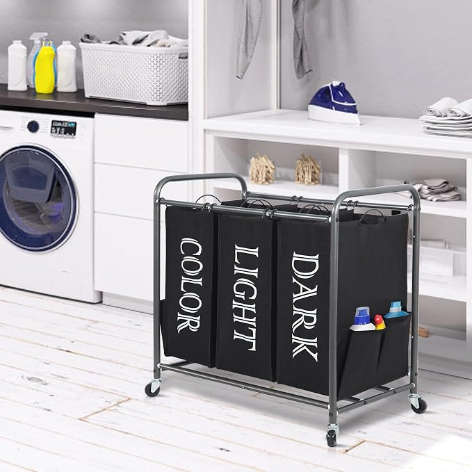 STORAGE MANIAC 3 Section Laundry Sorter, 35.6 Gal (135 L) Laundry Hamper Cart with Heavy Duty Rolling Lockable Wheels and Removable Bags, Clothes Organizer Basket Separator Hamper, Label Black - Image 6