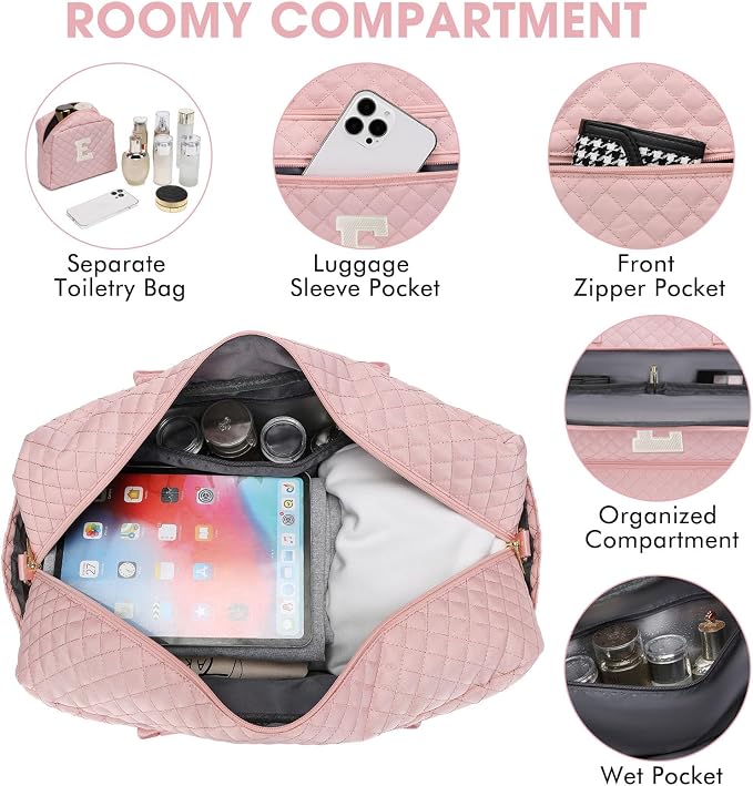 Initial Travel Duffle Bag for Women - Pink Personalized Weekender Bags Overnight Bag with Shoe Compartment & Wet Pocket Weekend Tote Bags with Toiletry Bag Monogram Gifts (Letter E) - Image 4