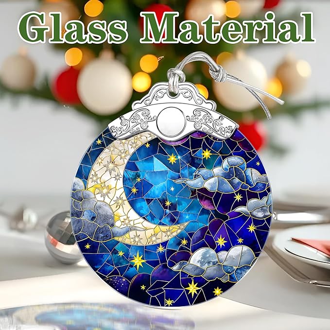 Moon and Star Stained Glass Ornament, Christmas Ornaments – Christmas Tree Decorations, Holiday Decor, Stocking Stuffer, Gift Idea, Gifts for Astronomy Lover, Friend, and Family