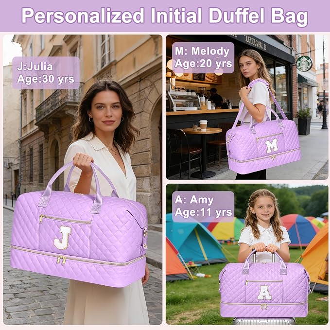 Graduation Birthday Gift for Her, Personalized Initial Weekender Bag for Women 45L Travel Duffle Carry On Quilted, 3PCS Overnight with Cosmetic & Toiletry Bag, Shoe Compartment, Gym Dance Bag for Girl - Image 2