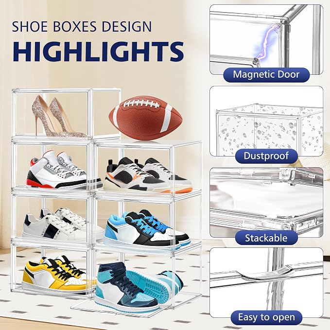 2 Pack Acrylic Clear Shoe Storage Boxes Size 12, Transparent Display Case for Sneaker Collections, Baseball Caps, Hat Organizer Dust-free Shoe Cubbies Stackable Sneaker Boxes - Image 4
