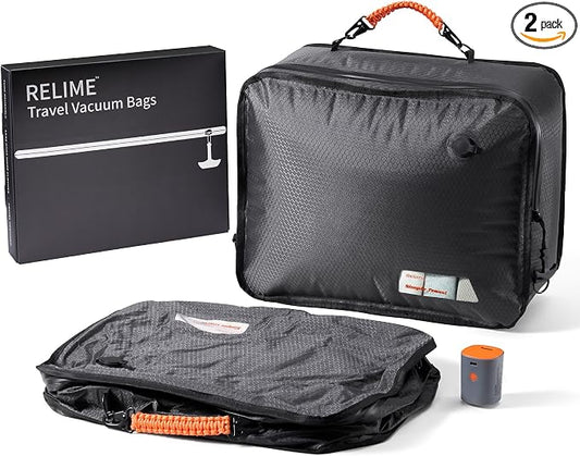 Relime Apex Series Vacuum Bags for Travel Luggage, 180° Open, Reusable Compression Bags for travel Pack, Vacuum Seal Packing Cube for Cloth (2Medium+Pump) by Relime