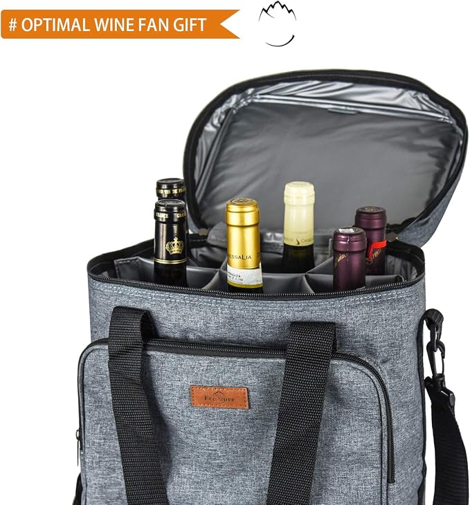 Freshore® Insulated Wine Carrier 6 Bottle Bag Tote Removable Padded Divider Cooler - Portable Travel Carrying Canvas Case Adjustable Shoulder Strap - (Space Grey) - Image 3