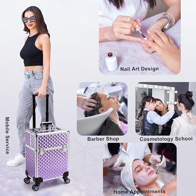 Stagiant Rolling Makeup Train Case Large Storage Cosmetic Trolley 4 Tray with Sliding Rail Removable Middle Layer with Key Swivel Wheels Salon Barber Case Traveling Cart Trunk - Image 5