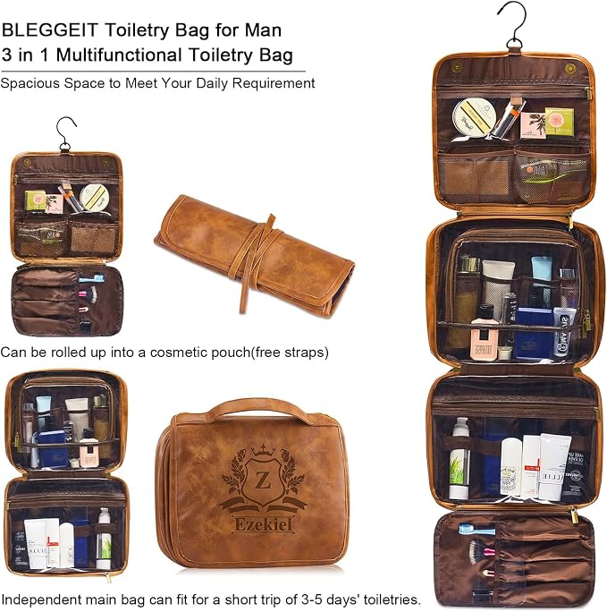 3-in-1 Large Personalized PU Leather Toiletry Bag For Men, Custom Groomsmen Gifts Hanging Travel Organizer Bag, Laser Engraved Name Monogram Shaving Kit Gift For Him Husband - Image 2