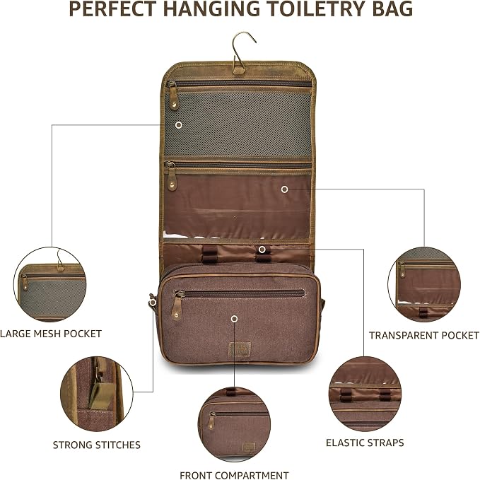 LEATHER VILLAGE Hanging Genuine Leather Toiletry Bag for Men & Women with Waterproof Lining – Handcrafted Vintage Travel Dopp Kit, Shaving Organizer & Shower Bathroom Essentials Case - Mud - Image 4