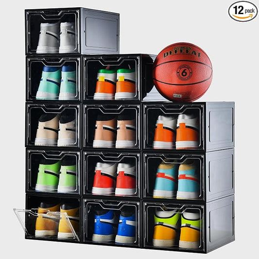 Stebopum 12 Pack Shoe Boxes Organizer, Magnetic Door Shoe Storage Boxes, Clear Sneaker Storage Box for Women/Men, Fit up to US Size 12 by Stebopum