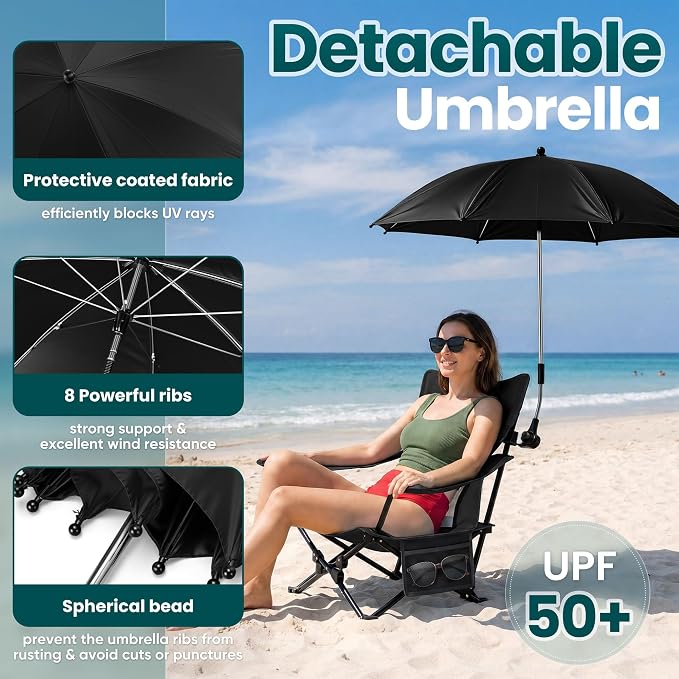 HaSteeL Low Beach Chair Set of 2, Foldable Black Camping Chair with Adjustable Umbrella Set for Adults, Lightweight Portable Lawn Chairs for Fishing, Picnic, Outdoor BBQ, Travel, Sports - Image 4
