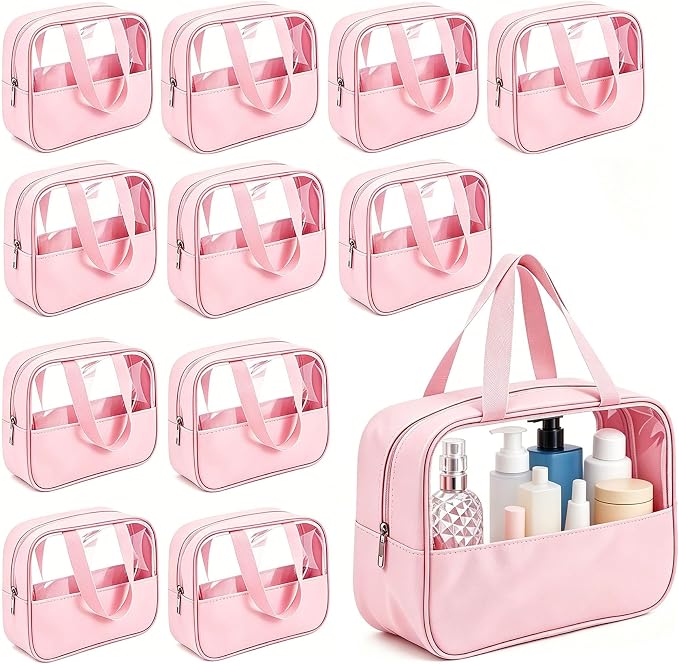 12 Pcs Pink Translucent Make up Bag, Waterproof Toiletry Bags with Handle, Portable Travel Cosmetic Organizer Pouches for Women Girls Travel Daily Use by Unknown