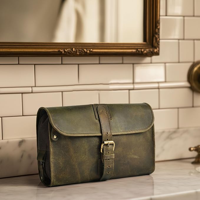 LEATHER VILLAGE Hanging Genuine Leather Toiletry Bag for Men & Women with Waterproof Lining – Handcrafted Vintage Travel Dopp Kit, Shaving Organizer & Shower Bathroom Essentials Case - Mud - Image 7