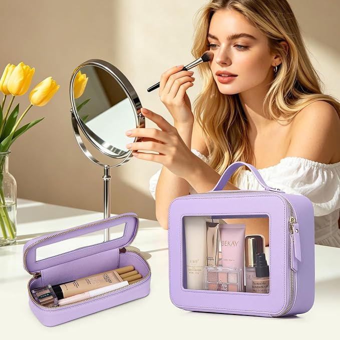 Clear Travel Makeup Bag, Purple, L+Slim | Brush Bag Included, Transparent Waterproof, Zipper Closure, Toiletry & Car Bag - Image 2