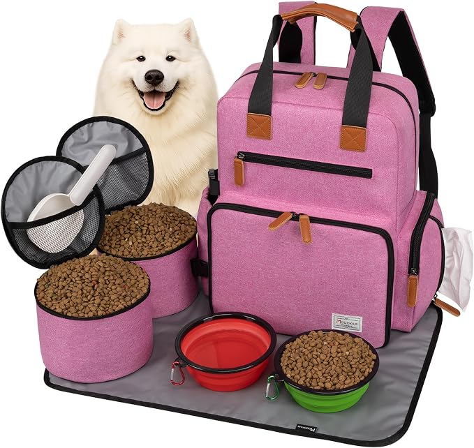 Modoker Dog Travel Bag, Airline Approved Backpack for Pet Accessories Organizer with 2 Food Storage, 2 Collapsible Bowls, Pink by Modoker