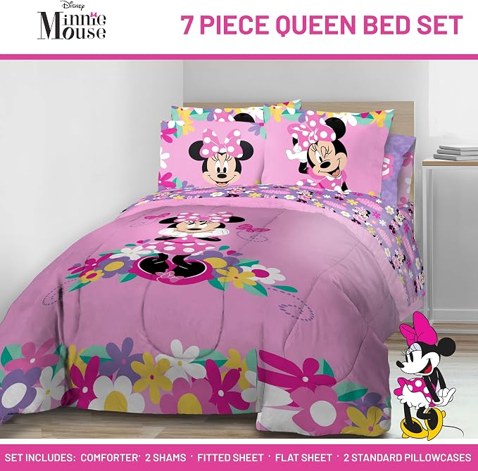 Disney Minnie Mouse Queen Comforter Set 7 Piece Kids Bedding, Pink | Bed in a Bag, Comforter Sheets Shams Pillowcases, Official Brand, Soft Microfiber, Machine Washable, Girls Gift - Image 2