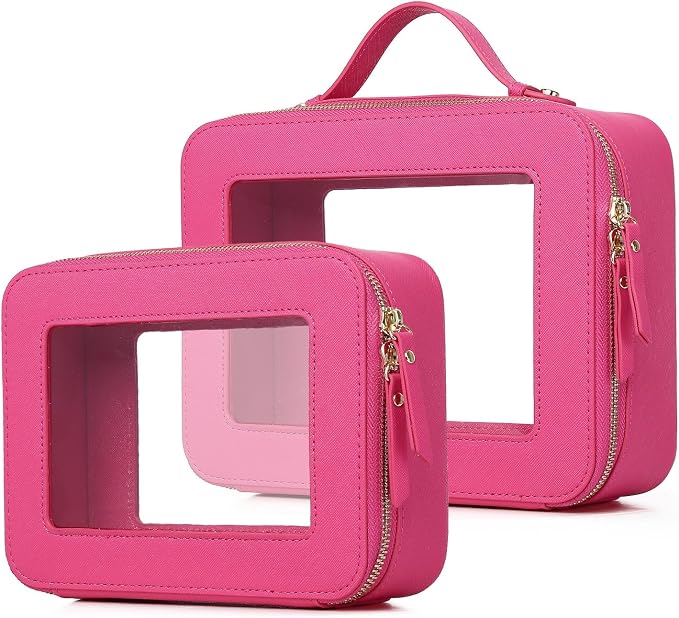 Pinkmik Clear Makeup Bag for Women Waterproof Travel Cosmetics and Toiletries Case Portable Makeup Oaganizer Bag Clear Car Bag with Zipper (X/Fuxia, M+L) by Pinkmik