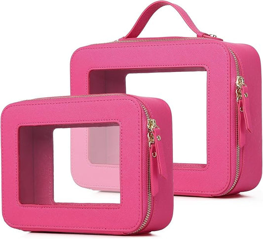 Pinkmik Clear Makeup Bag for Women Waterproof Travel Cosmetics and Toiletries Case Portable Makeup Oaganizer Bag Clear Car Bag with Zipper (X/Fuxia, M+L) by Pinkmik