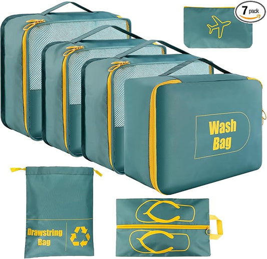 AiQInu Suitcase Organiser Set 7 Pieces Waterproof Packing Cube Suitcase Organiser Packing Cubes Shoe Bag Clothes Bags for Suitcases by AiQInu