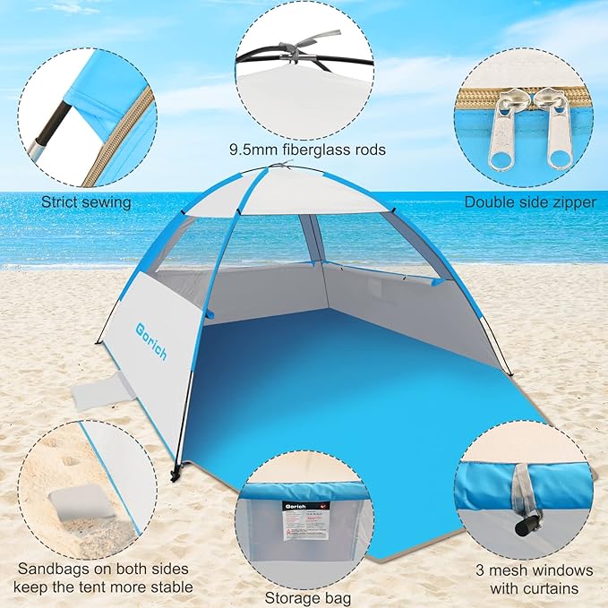 Gorich Beach Tent Sun Shelter for 3/4/6/8/10 Person with UPF 50＋ UV Protection, Lightweight & Easy Setup Beach Shade Canopy, Portable Beach Shade Tent Beach Cabana - Image 5