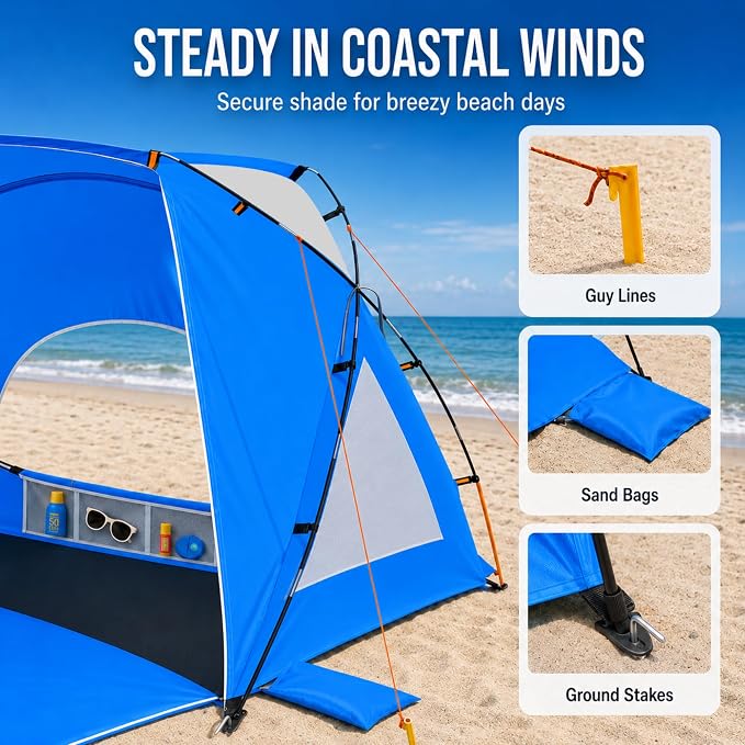 Beach Tent, Portable Sun Shelter for 2/3/4/6-8 Person with UPF 50+ UV Protection, Easy Setup Waterproof Beach Shade Canopy Cabana for Family Outdoor and Picnics, Fishing with Carrying Bag - Image 6