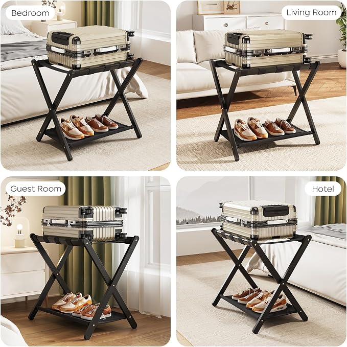 Fully Assembled Black Luggage Rack for Guest Room, Bamboo Folding Suitcase Stand with Fabric Storage Shelf, 5 Nylon Straps, Upgraded Luggage Rack Holder for Bedroom Hotel, Holds up to 165 Lbs, 1pcs - Image 6