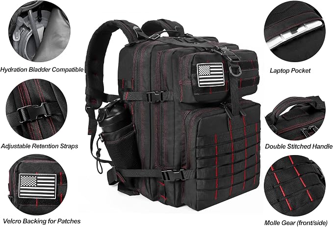 LHI Military Tactical Backpack for Men and Women 45L Army 3 Days Assault Pack Bag Large Rucksack with Molle System - Black With Red Line - Image 4