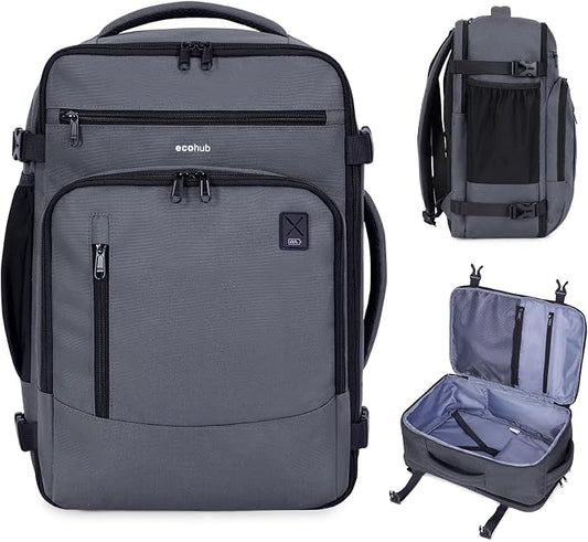 ECOHUB 17" Small Travel Backpack, United Airlines Personal Item Bag 17x10x9 with 16 Pockets, Water Resistant Rucksacks Fit 15.6" Laptop, AirTag Pocket, Lightweight Casual Daypack, 25L, Grey Green by ECOHUB