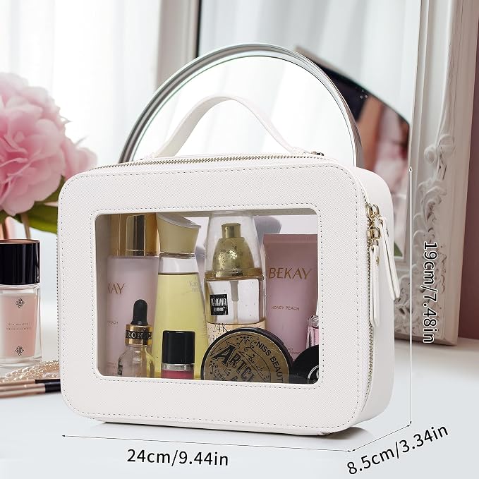 Pinkmik Clear Makeup Bag for Women Waterproof Travel Cosmetics and Toiletries Case Portable Makeup Oaganizer Bag Clear Car Bag with Zipper (White, L) - Image 3