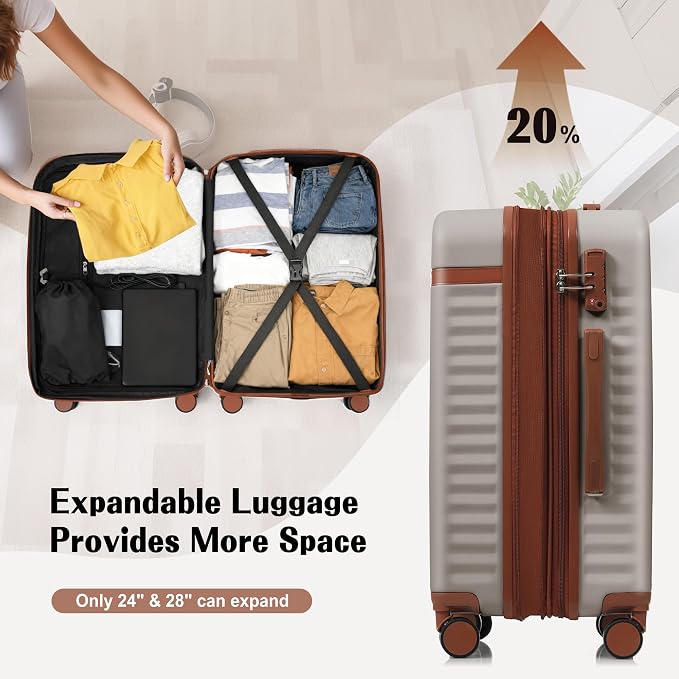 Hardshell Luggage, Lightweight Suitcase with Spinner Wheels, KHAKI+USB - Image 3