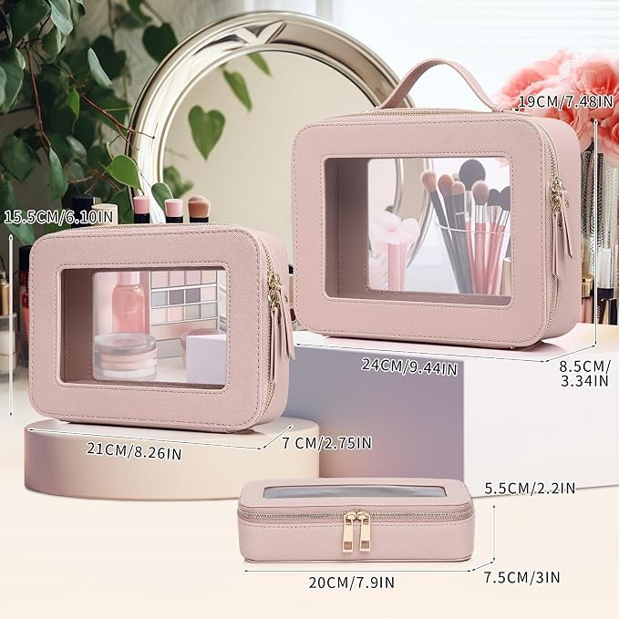 Pinkmik Clear Makeup Bag with Brush Bag 3pcs Waterproof Travel Case for Cosmetics and Toiletries Women's Makeup Organizer with Zipper (Pink, L+M+SLIM) - Image 2