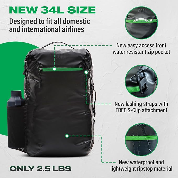 COR Surf Carry On Travel Backpack Bundle | Island Hopper Travel Backpack with Toiletry Bag and Compression Packing Cube Set (34L 2.0, Black with Green Zipper) - Image 3