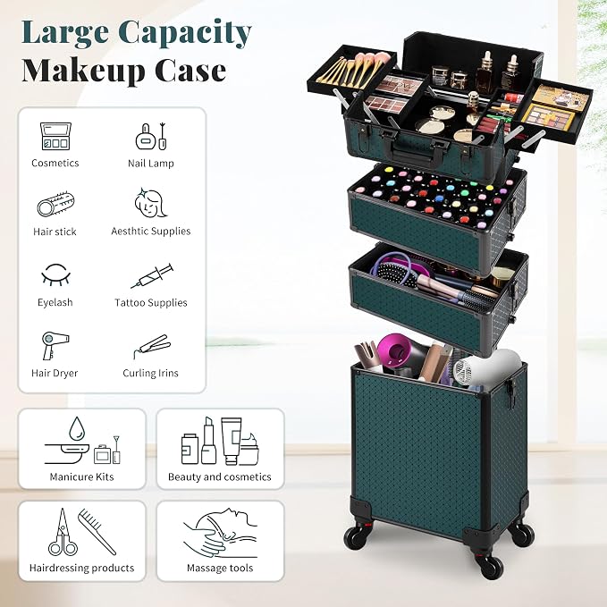 AROUS Rolling Makeup Train Case 4 in 1 Cosmetology Case on Wheels Large Storage Cosmetic Trolley with Key Salon Barber Traveling Cart Trunk, Green - Image 4