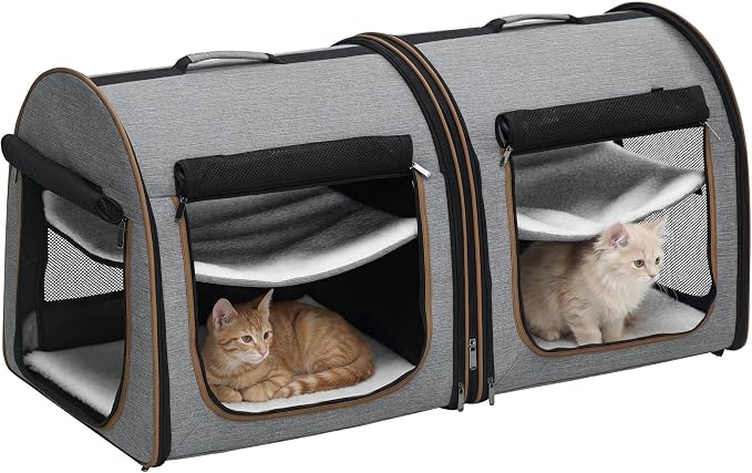 PawHut 39" Portable Soft-Sided Cat Carrier, Cat Kennel, Travel Dog Crate with Divider, Two Compartments, Soft Cushions & Storage Bag, Easy to Fold, Light Gray | Cat Kennel, Travel Dog Crate with Divider, Soft Cushions & Storage Bag, Easy to Fold by PawHut