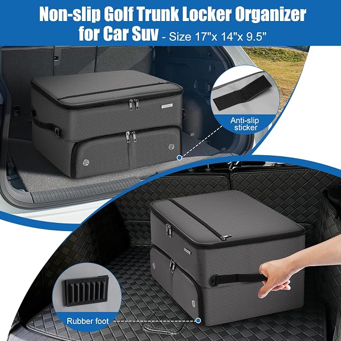 Golf Trunk Organizer for Car SUV with Shoe Compartment & Divider | 2-Layer Golf Storage Bag for Balls, Tees, Accessories | Waterproof Golf Locker Gift for Men, Dad, Golfers - Image 2