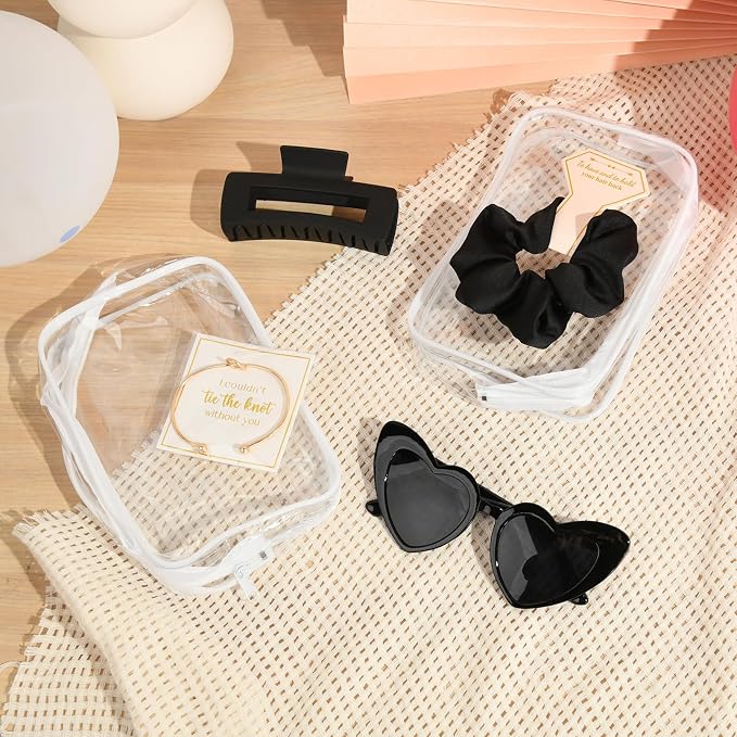 DEEKA 30 Pcs Bridesmaid Proposal Bag Set Gift Clear Makeup Toiletry Bag Bachelorette Party Favors Sunglasses Hair Claw Clips Scrunchies Knot Bracelets Bridal Wedding Party Gifts (Black) - Image 7