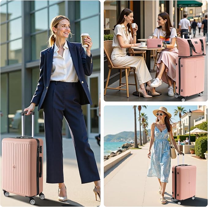 Hoteel 20 Inch Luggage Set 3 Piece, Hardside Carry On Suitcase with TSA Lock and Spinner Wheels, Includes Expandable Duffel Bag and Toiletry Bag, Lightweight ABS+PC, Pink - Image 8