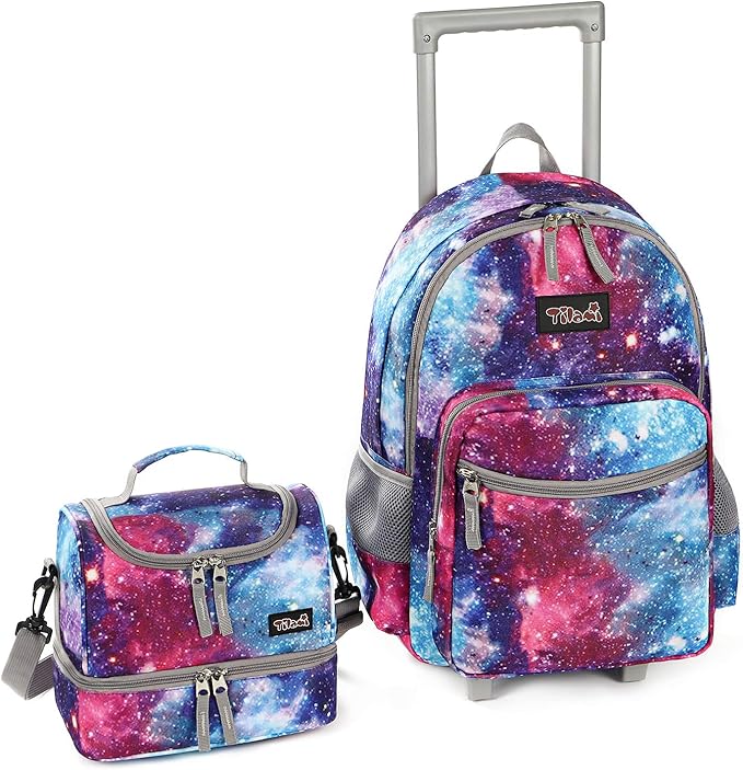 Tilami Rolling Backpack 18 inch Double Handle with Lunch Bag Wheeled Kids Backpack for Girls and Boys, Galaxy by Tilami