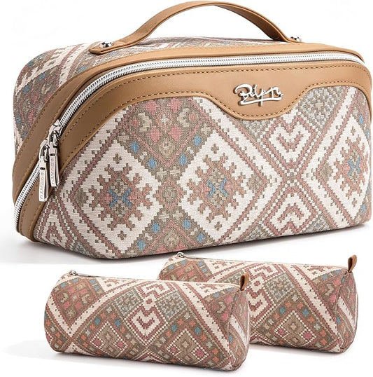 BOYATU Travel Makeup Bag Organizer: Boho Large Capacity Cosmetic Bag Sets | 3Pcs Waterproof Leather Toiletry Bags | 180°Open Flat Make up Case with Compartments | Western Travel Essentials for Women by BOYATU