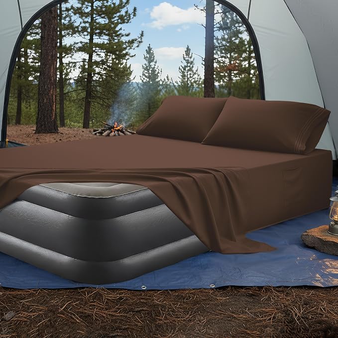 Mocassi 4-Piece Extra Deep Pocket 16-24 Inch Air Mattress Bed Sheet Set- 4PC Sheet Set with Smart Pockets Ideal for Air Beds, RVs, Camping and Guest Rooms Premium Hotel Quality, Queen, Brown - Image 4