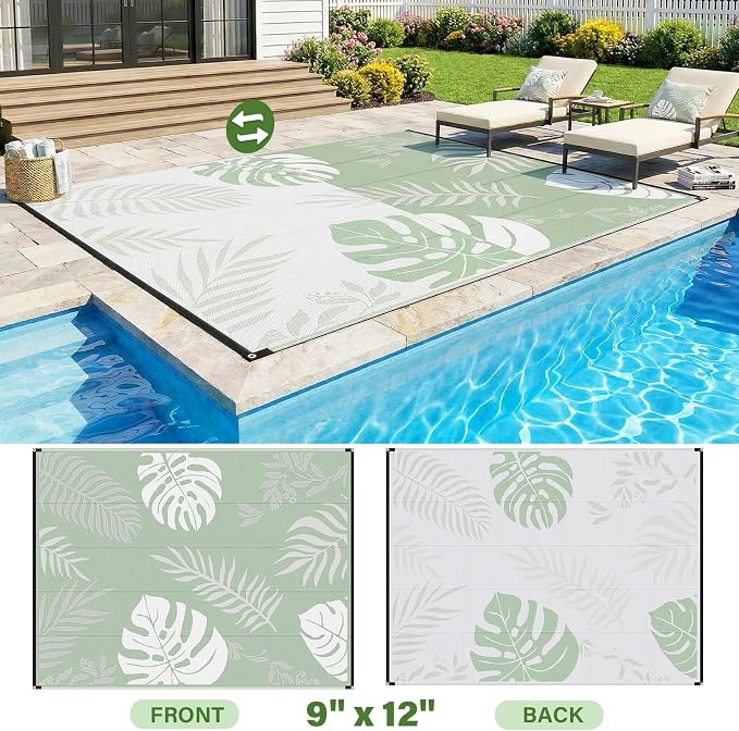 GOTGELIF Massive Outdoor Patio Rug - 9x12FT, Reversible & Water-Resistant & Wear-Resistant & Plastic Straw Outdoor Area Rug for Patio & Camping & RV - Green Leaf - Image 2