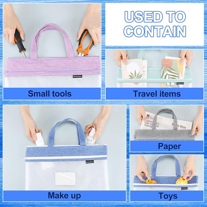 Zhehao 6 Pcs Student Book Pouches with Handle Document Bag Sew Project Bag for Quilting Mesh Zipper Pouch File Artwork Storage Organize for A4 Files, 14 x 11 Inch - Image 3