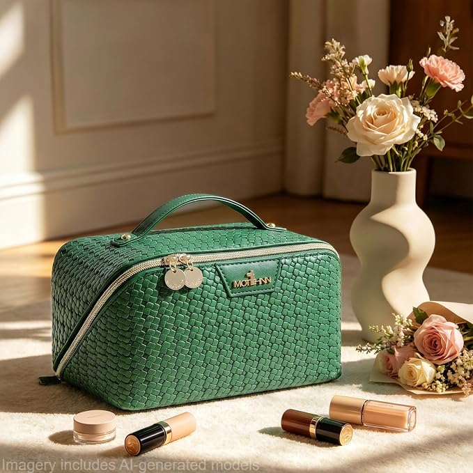 Travel Makeup Bag for Women: Designer 3 Pcs Set Cosmetic Bags for Women - Large Capacity Vagen Leather Hand-made for Toiletry Organizer - Ladies Travel Flat Open Essentials for Luxury (04Green) - Image 2