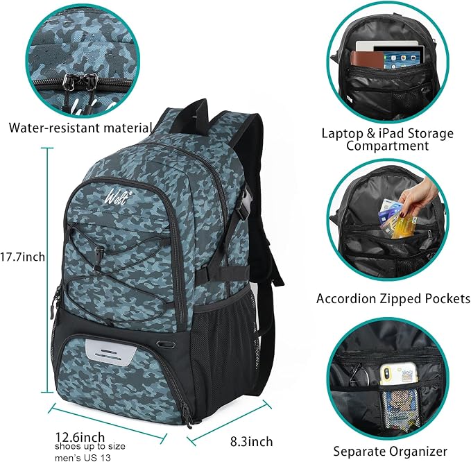WOLT Basketball Backpack Large Sports Bag with Separate Ball Holder & Shoes Compartment, Best for Basketball, Soccer,Gym - Image 2