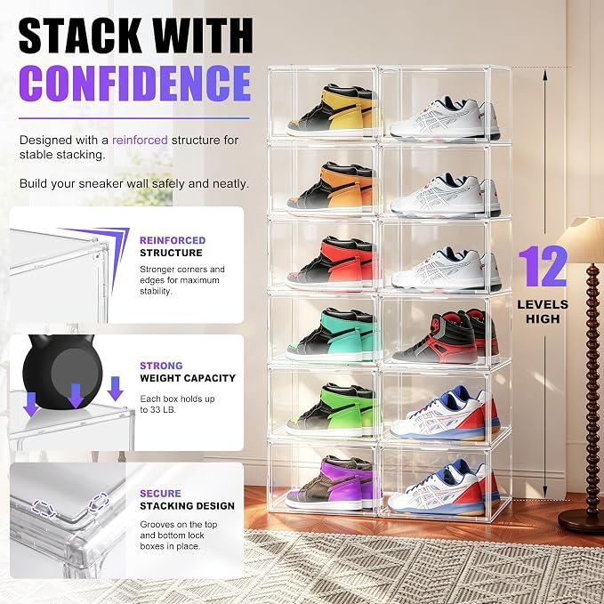 12 Pack Clear Acrylic Shoe Sneaker Boxes Fits Size 13, Wide Magnetic Door | Stackable shoe showcase for sneakers, high tops, large shoes, shoe collection display storage. Exterior 14.1 x 10.6 x 8.9 in - Image 7