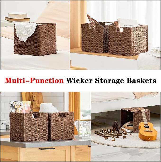 Vagusicc Wicker Storage Basket, Set of 2 Hand-Woven Storage Baskets for Shelves with Handles, Foldable Cube Storage Baskets Bins Organizer, 13 inch Large Wicker Baskets for Pantry Bedroom Decor, Brown - Image 5