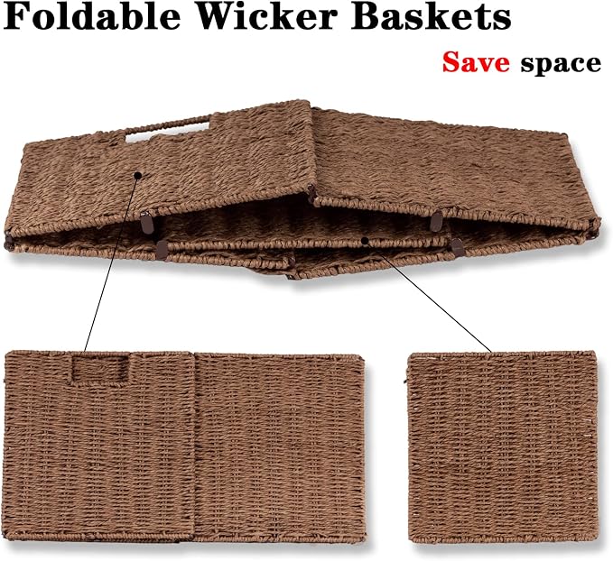 Vagusicc Wicker Storage Basket, Set of 2 Hand-Woven Storage Baskets for Shelves with Handles, Foldable Cube Storage Baskets Bins Organizer, 13 inch Large Wicker Baskets for Pantry Bedroom Decor, Brown - Image 7